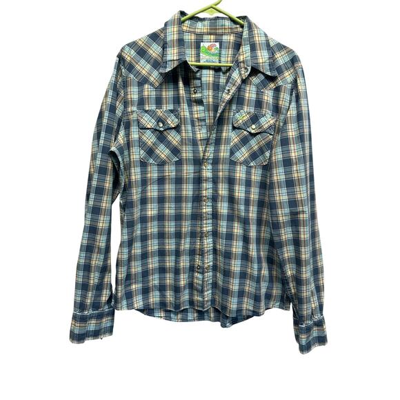 Vintage Y2K Hollister Plaid Western Snap Shirt Blue Brown Pearl Buttons Large - Picture 1 of 9